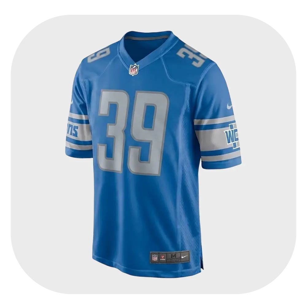 Jake Bates Blue Football Jersey #39 Front View Front view of Jake Bates blue football jersey number 39 with modern athletic fit