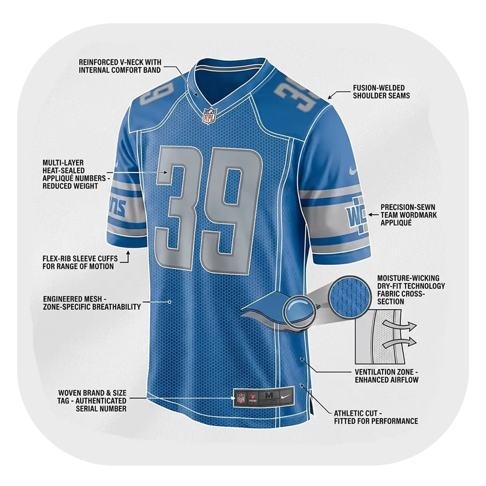 Jake Bates Blue Jersey #39 Features & Fabric Details Detailed view of Jake Bates blue jersey showing breathable fabric, stitching, and performance features