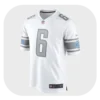 Front view of a white jersey featuring the number 6 and distinctive shoulder stripes.