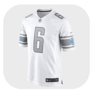 Front view of a white jersey featuring the number 6 and distinctive shoulder stripes.