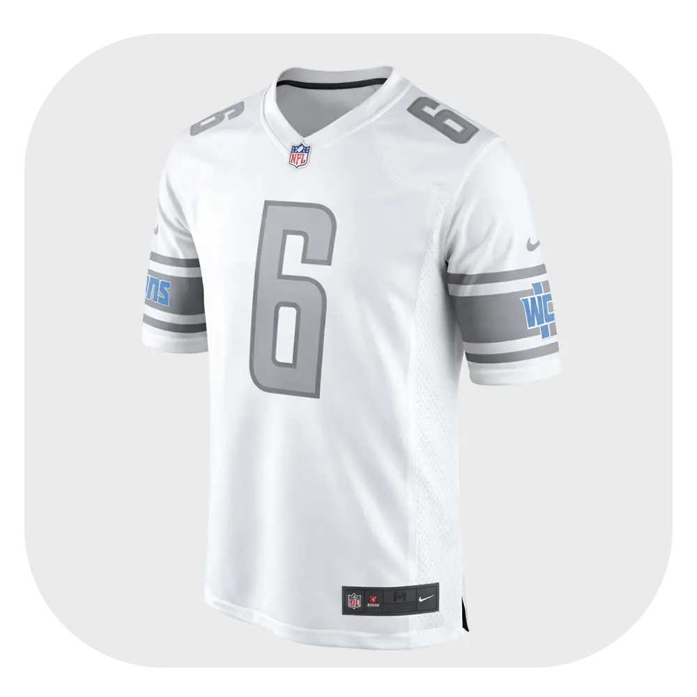 Terrion Arnold White Jersey Front View Front view of a white jersey featuring the number 6 and distinctive shoulder stripes.