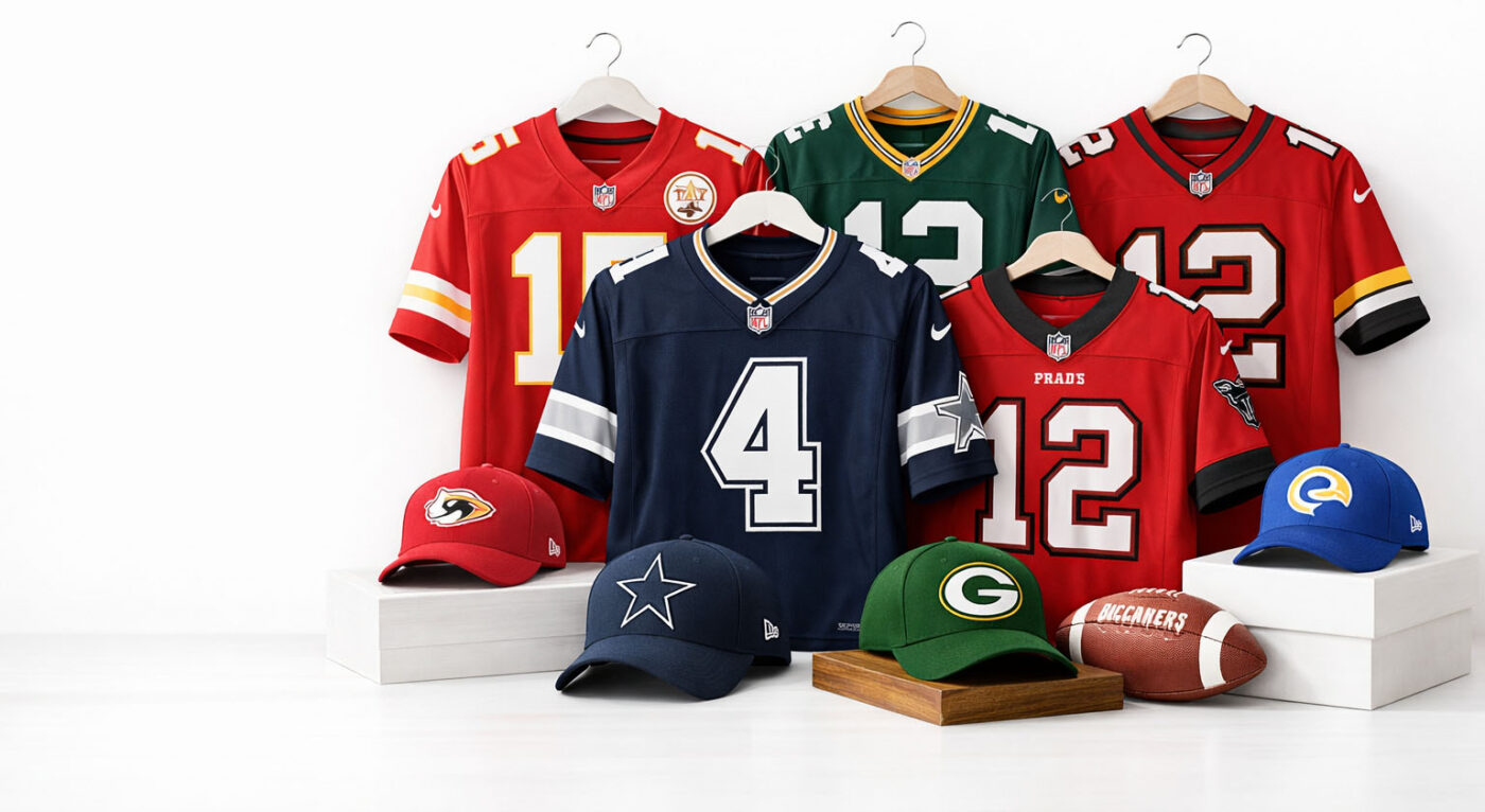 High-quality NFL jerseys and hats collection featuring Dallas Cowboys, Kansas City Chiefs, and Green Bay Packers at Mynfl Fans store on a whitesmoke background.